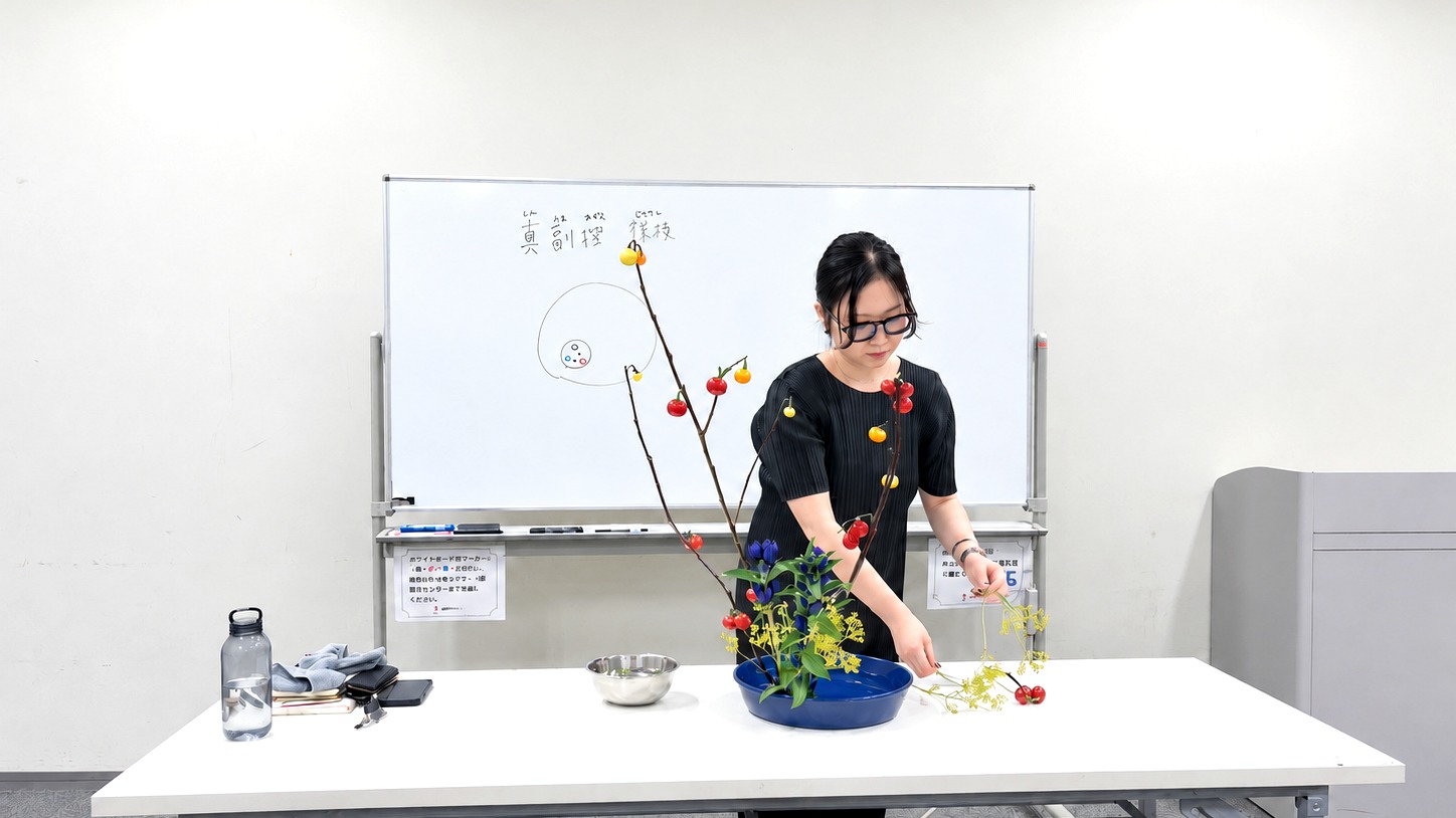 講師が枝や花のいけ方を実演するデモンストレーション